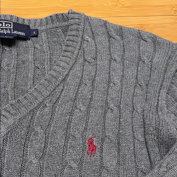 Polo Ralph Lauren Cable Knit Sweater Size Large V Neck Grey Cotton - Picture 15 of 15